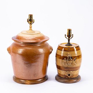 TWO STONEWARE VESSELS MOUNTED AS TABLE LAMPS