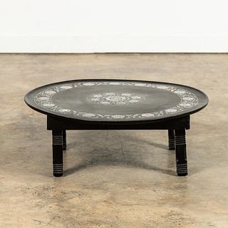 BLACK LACQUERED MOTHER OF PEARL INLAID TEA TABLE