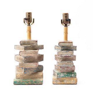 TWO DISTRESSED POLYCHROME WOODEN BOOK LAMPS