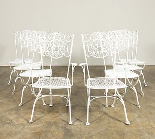 SET, EIGHT WHITE PAINTED WROUGHT IRON PATIO CHAIRS