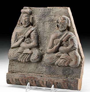 19th C. Tibetan Wood Panel - Meditating Monks