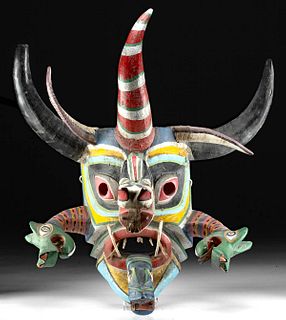 Vintage Mexican Painted Wood, Horn, Bone & Leather Mask