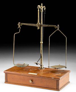 19th C. English Brass & Glass Scale w/ Wooden Case