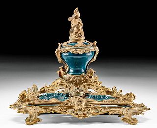 19th C. French Brass & Porcelain Inkstand w/ Cherubs