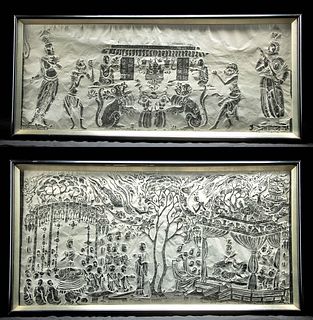 Two Vintage Chinese Rubbings, Temple & Paradise Scenes