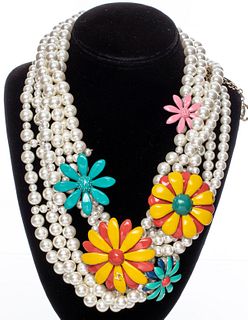 Chanel Faux-Pearl & Enameled Flower Necklace