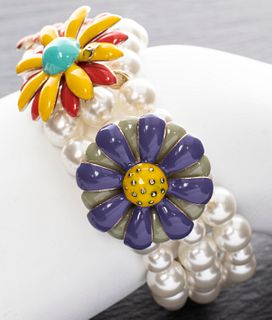 Chanel Faux-Pearl & Enameled Flower Bracelet