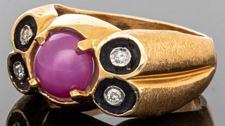 14K Yellow Gold Pink Star Sapphire & Diamond Ring