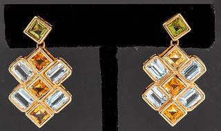 14K Gold Aquamarine, Citrine & Peridot Earrings