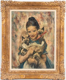 Lillian Cotton "Girl with Cats" Oil on Canvas
