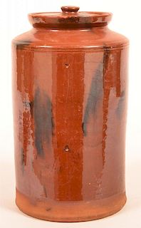 Mottle Glazed Redware Storage Jar with Lid.