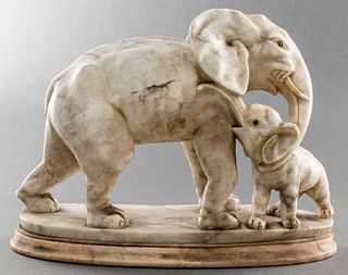 Polished Marble Sculpture / Elephant Mother & Calf