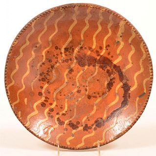 Yellow Slip Decorated Redware Pottery Charger.