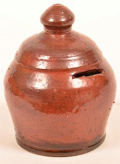 Glazed Redware Pottery Dome Form Bank.