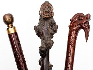 Assorted Asian Carved Wood Cane And Pool Cues, 3