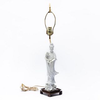 BLANC DE CHINE STANDING GUANYIN FIGURE AS LAMP