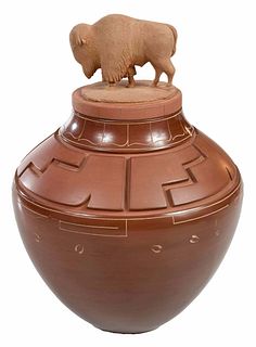 Jeff Roller Carved Redware Pot with Buffalo Lid