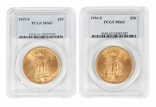 Two San Francisco St. Gaudens $20 Gold Coins 