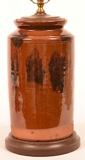 19th Century Mottle Glazed Redware Storage Jar.