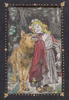 Antique Little Red Riding Hood Tinted Print c1900