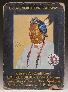 Great Northern Railway Hand Painted Indian Poster Board "Chief Two Guns White Calf" c1910
