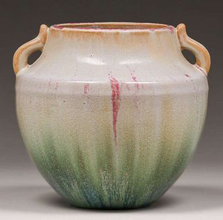 Fulper Pottery Green Ivory & Pink Two-Handled Vase c1910s