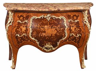 Louis XV Style Marquetry Inlaid Marble Top Commode