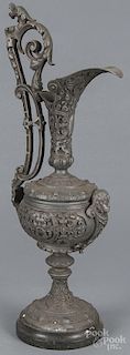 White metal ewer, late 19th c., with a marble base, 17 1/2'' h.