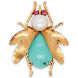 14Kt Gold Pearl & Turquoise Bee