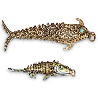 (2 Pc) Antique Chinese Silver Reticulate Fish Pendants