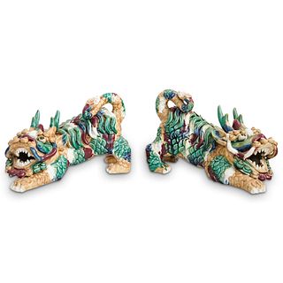 Pair of Chinese Wucai Ceramic Foo Dogs