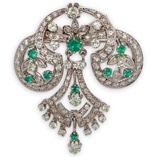 Art Deco Style Diamond & Emerald Dangling Brooch