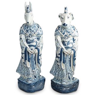 (2 Pc) Chinese Blue & White Zodiac Porcelain Sculptures