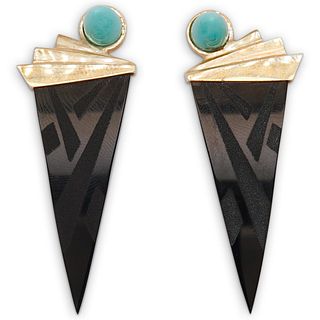 14K Turquoise & Onyx Modernist Earrings