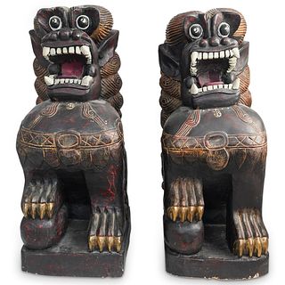 Pair of Wood Carved Foo Dogs