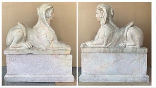 PAIR OF CIRCA 1885 HAND CUT ROSE MARBLE SPHINXES