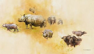 David Shepherd (1931–2017) — Asian Rhino and Water Buffalo (1978)