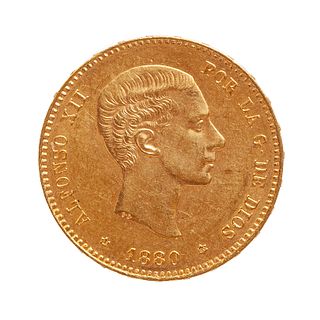 Coin of 25 pesetas of Alfonso XII, 1880, mint Madrid.
Gold.
Weight: 8,05 g.