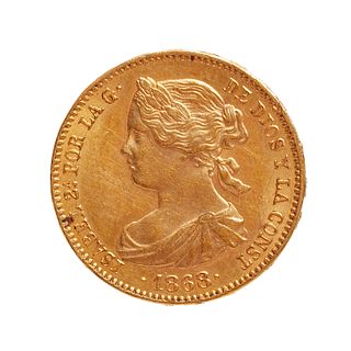Coin of 10 escudos of Isabel II, 1868, mint Madrid.
Gold.
Weight: 8,36 g.