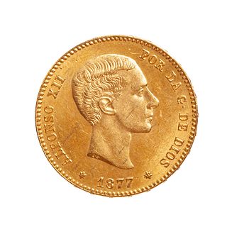 Coin of 25 pesetas of Alfonso XII, 1877, mint Madrid.
Gold.
Weight: 8,05 g.