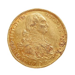 Coin of 8 escudos of Charles IIII, 1792, mint Nuevo Reino.
Gold.
Weight: 27 grs.