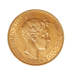 Coin of 100 pesetas of Alfonso XIII, 1897, mint V.
Gold.
Weight: 32,18 g.