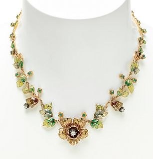 Necklace MASRIERA AND CARRERAS in 18kt yellow gold, emeralds, diamonds and enamels "plique-à-jour".