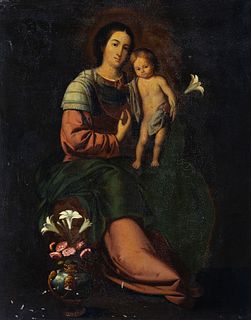 Spanish school, 19th century. Follower of Fco. De ZURBARÁN (1598–1664).
"Virgin with Child".
Oil on canvas.