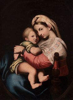 Spanish school, following Rafael's models; 18th century.
"Virgin of the Chair".
Oil on canvas. Relined.