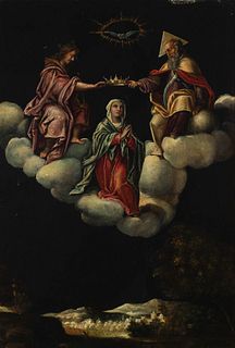 Spanish school, ca. 1600.
"Coronation of the Virgin".
Oil on slate.