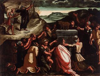 Italian school; 17th century.
"The Adoration of the Golden Calf."
Oil on canvas. Relined.