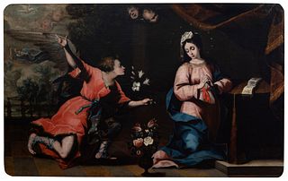 Circle of JUAN LUIS ZAMBRANO (Córdoba, 1598 - 1639).
"Annunciation".
Oil on canvas. Relined.