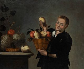 Spanish school, 17th century.
"Child with fruit still life".
Oil on canvas.