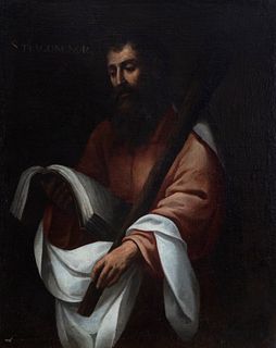 ESTEBAN MÁRQUEZ DE VELASCO (Puebla de Guzmán, Huelva, 1652 - Seville, 1696).
"Santiago the Lesser".
Oil on canvas.